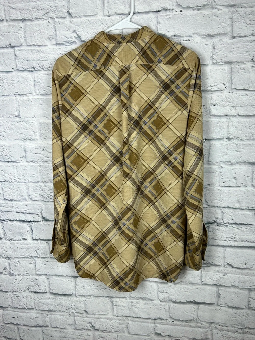 Lauren Ralph Lauren Plaid Utility Shirt Tan Brown Blue Button Front Medium